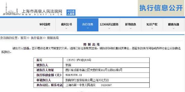 贾跃亭前妻甘薇被限制出境 涉及执行金额5.3亿元 